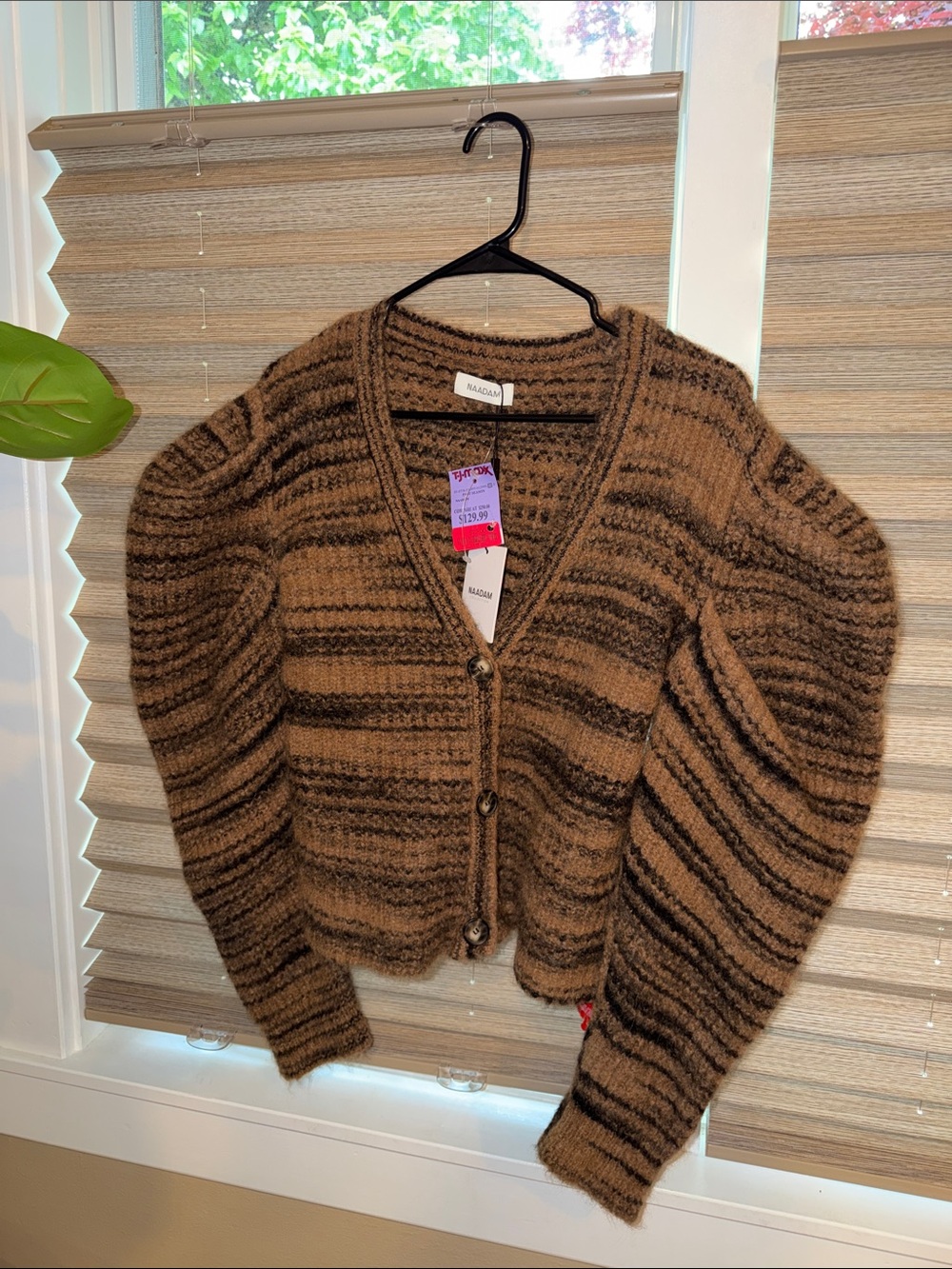 Naadam Brown Striped Balloon-Sleeve V-Neck Cardigan